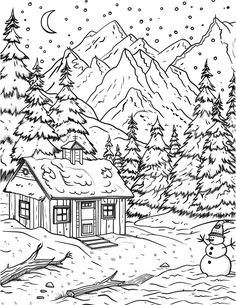 a snowman is standing in front of a cabin with trees and mountains behind it