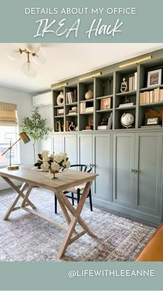 an office with bookshelves, desk and chairs in front of the bookcase