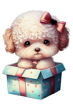 a small white dog with a bow on its head is sitting in a gift box