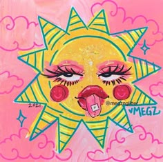 a painting of a sun with its tongue out and eyes open, on a pink background