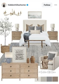 a bedroom with furniture and decor in shades of gray, beige, and white on the walls