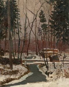 a painting of snow covered trees and a stream