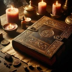 an old book sitting on top of a table surrounded by candles