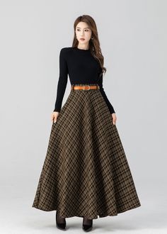 Swing Wool Skirt Maxi Wool Plaid Skirt Wool Circle Skirt - Etsy 日本 Fall Midi Skirts, Retro Skirts Vintage Style, Wool Skirt Pattern, A Line Long Skirt, Apple Body Shape, Autumn Skirt, Long Wool Skirt, Wool Plaid Skirt, Skirt Wool