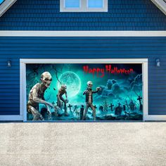 a garage door decorated with skeletons and zombies for the halloween season in front of a blue house