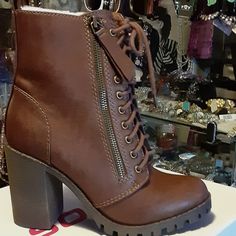 Great Grany Style Chuc Boot With In Side Zipper Easy On And Off Granny Lace Up Leather Look Boots Great For A Saturday Afternoon From Our Boutique Glitz 180 Danielson Pike Scituate Ri 02857 Casual Brown Block Heel Lace-up Boots, Casual Brown Lace-up Boots With Block Heel, Casual Brown Winter Heels, Casual Stacked Heel Winter Heels, Casual Lace-up Boots With Stacked High Heel, Casual Stacked Heels For Winter, Soda Boots, Granny Style, Fringe Ankle Boots