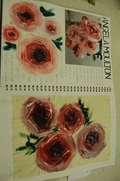 two pictures of red flowers on top of a piece of paper