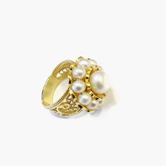 Double Layer Pearl 14K Gold Ring 925 Sterling Exceptionally Beautiful Design Pearl Ring, Feminine Ring, Valentine Gift Boxed, Mom's Gift Ring. IT WEIGHTS APPROXIMATELY 10 GR. 4-5 mm Pearls surround Center : 10 mm Round pearl for a feminine artistic look.. Made in an artisan workshop by an artist with 20+ Years experience. This a very Victorian, Artistic Ring that has sold out many times in England, Italy, Germany and the US. The Filigree band is tapered for comfortable wear. This will come in a Exquisite Cluster Ring With Center Stone As Gift, Timeless Yellow Gold Cluster Ring Gift, Luxury Cabochon Diamond Ring As Gift, Timeless Yellow Gold Cluster Ring, Timeless 14k Cluster Ring For Gifts, Elegant Flower Ring For Formal Occasions, Timeless 14k Stamped Cluster Ring As Gift, Luxury White Flower Ring For Anniversary, Luxury Pearl Gemstone Ring For Promise