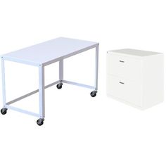 a white desk with two drawers and a file cabinet on casteors are shown against a white background