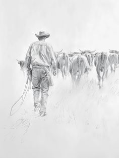 a drawing of a man leading a herd of cattle