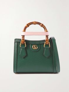 GUCCI Diana mini textured-leather tote Gucci Calf Leather Shopping Bag, Gucci Calf Leather Tote Bag, Green Gucci Bag With Detachable Handle, Gucci Shoulder Bag In Calf Leather With Leather Lining, Modern Gucci Bag In Calf Leather, Gucci Calf Leather Shoulder Bag With Leather Lining, Modern Gucci Calf Leather Bag, Gucci Leather Lined Shopping Bag, Luxury Gucci Textured Leather Shoulder Bag