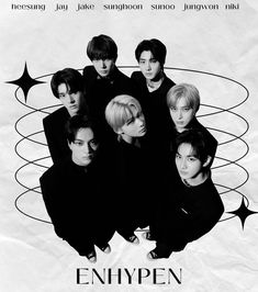 an advertisement for the album'enhypen'featuring six young men in black and white