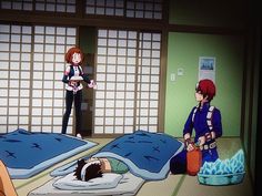 an anime scene with two people standing in the background and one person laying on a bed