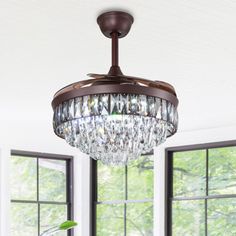 a chandelier hanging from the ceiling in a room with large windows and potted plants