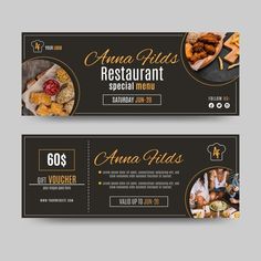 two black and gold restaurant ticket templates with food items on the front, side and back