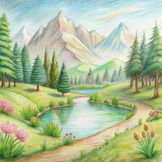 a drawing of a mountain lake with flowers in the foreground and mountains in the background