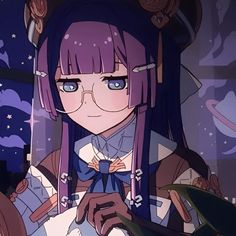 an anime character with purple hair and blue eyes is holding something in her hand while looking at the camera