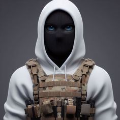 a man in a white hoodie with a black face and blue eyes wearing a vest