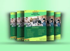 three green and yellow brochures with images of people working on computers in the background