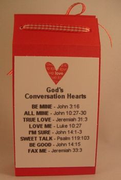 a red and white box with a message on it that says, god's conversation hearts