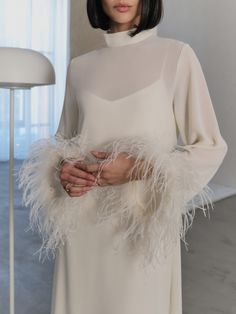 Straight midi dress with feathers on the cuffs :: LICHI - Online fashion store Straight Midi Dress, Silk Georgette Dress, Dress With Feathers, Eclectic Prints, Statement Tops, Rehearsal Dinner Outfits, Beautiful Bridal Dresses, Luxury Wedding Decor, Chiffon Sleeves