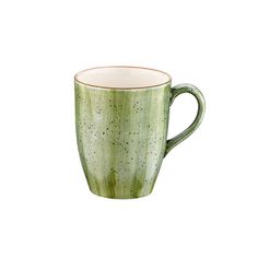 a green coffee cup with speckles on it