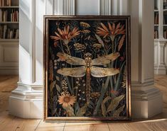 a dragonfly is sitting on the floor in front of a bookcase with books