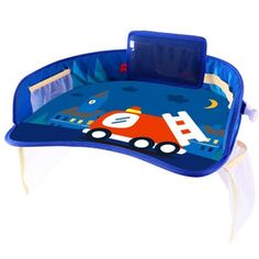 a child's play mat with cars and trucks on the front, in blue