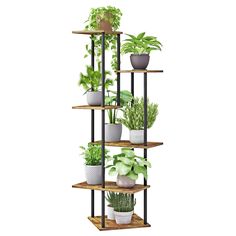 a tall shelf filled with potted plants on top of wooden shelves