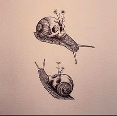 two drawings of snails with flowers on them