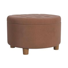 a round ottoman with wooden legs and an upholstered foot rest in brown leather