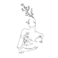 a line drawing of a woman holding a cat with flowers on her head and the words,