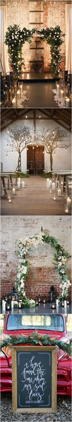 the wedding ceremony is set up in an old building with flowers and candles on it