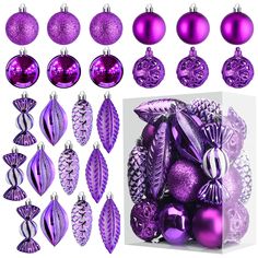 purple christmas ornaments and decorations are shown