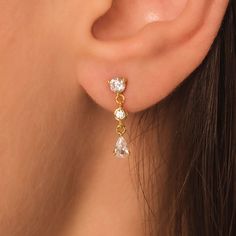 Dangle Diamond Earrings DETAILS: * 18K Gold Vermeil (strong plating over sterling silver) * Length - 18mm * Nickel and lead free * Waterproof * Tarnish resistant * Hypoallergenic * Lightweight * Can be worn 24/7 - sold individually or in pairs - All earrings: https://www.etsy.com/shop/KaterynasJewelry?search_query=earrings Gold Linear Earrings With Prong Setting For Wedding, Minimalist Gold Bridal Earrings In Sterling Silver, Minimalist Gold Sterling Silver Bridal Earrings, Gold Drop Earrings With Prong Setting, Gold Minimalist Diamond Earrings For Wedding, Gold Minimalist Diamond Wedding Earrings, Gold Drop Diamond Earrings In Sterling Silver, Gold Dangle Bridal Earrings With Prong Setting, Dainty Gold-plated Diamond Earrings For Wedding