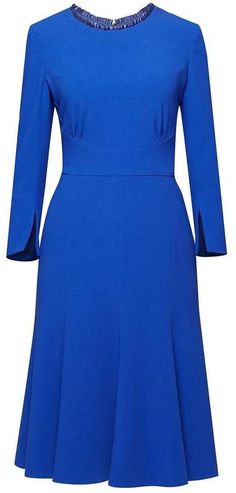 Christina Rumour London Royal Blue Fluted Dress Chic Royal Blue Long Sleeve Midi Dress, Fitted Long Sleeve Royal Blue Midi Dress, Fitted Royal Blue A-line Midi Dress, Royal Blue Ribbed Dress, 1970s Long Sleeve Blue Dresses, Wool Knitted Dress, London Dresses, Dress Closet, Wool Dress