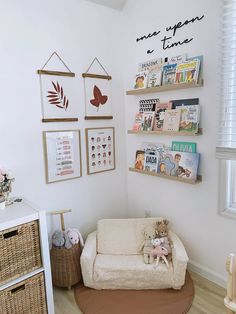 Perfect area for calming and reading for toddlers. A favorite corner in our home Bedroom Play Corner, Montessori Reading Nook, Girls Room Reading Corner, Reading Nook Toddler Room, Toddler Corner In Parents Room, Toddler Boy Reading Corner, Toddler Reading Corner Bedroom, Toddler Reading Area