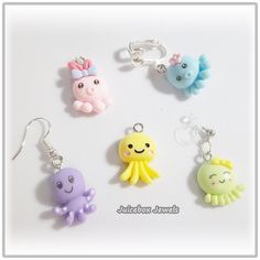 Super Cute Octopus Dangle Earrings 1 Pair per color Resin  Silver Plated/Tone Earwires Choose from Pink, Yellow, Blue, Green, Purple Choose Plastic Invisible Clips,  metal clips, or fish hook types for pierced ears.  See the picture(s) for more details. Please allow 2 to 4 business days to ship your order. The additional shipping charge, when combined with another item, is 25 cents (Combined Payment Only). Add items to the cart to combine. Visit my Etsy Shop: https://www.etsy.com/shop/JuiceboxJewels I do not take returns/exchanges on earrings for hygienic reasons. Handmade Multicolor Kawaii Earrings, Multicolor Dangle Earrings In Kawaii Style, Kawaii Multicolor Dangle Earrings, Kawaii Dangle Earrings, Color Resin, Cute Octopus, Resin Charms, Pierced Ears, Fish Hook