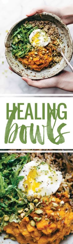 two plates with food on them and the words, healing down