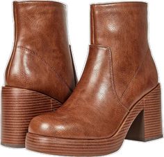 Trendy High Ankle Platform Boots With Stacked Heel, Trendy Ankle Platform Boots With Stacked Heel, Fall Platform Heeled Boots With Round Toe, Trendy Ankle-high Platform Boots With Stacked Heel, Fall Faux Leather Boots With Lug Sole, Brown High-top Platform Heeled Boots, Fall Chunky Platform Boots, Trendy Platform Boots With Block Heel, Trendy Brown Ankle Platform Boots