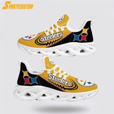 two yellow and black sneakers with the pittsburgh stars on them are shown in three different colors