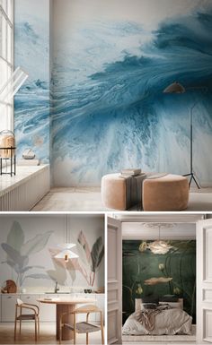 four different pictures of the same room with furniture and wallpapers in various colors