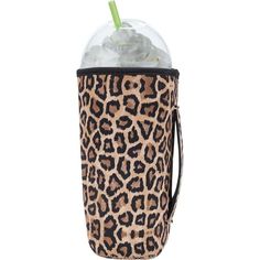 an animal print cup holder with a straw in the middle and a drink inside it