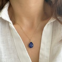 ✔️Genuine Raw Blue Sapphire Necklace✔️   A Good Vibes Necklace to offer as a September Birthstone Necklace. A Real Blue Sapphire Teardrop Necklace.   High-Quality Solid 925 Sterling Silver * Finish: Sterling Silver ∙ 24K Gold   Sapphire Jewelry, Handmade in Greece.   This Sapphire necklace is great for wearing alone or for layering with other necklaces. Moreover, Blue Sapphire is a really powerful crystal. It is the perfect gift for your girlfriend, sister, bridesmaids, or even yourself! 👉A few September Birthstone Necklace, Blue Stone Necklace, Blue Sapphire Necklace, Teardrop Necklace, Gifts For Your Girlfriend, September Birthstone, Sapphire Necklace, Sapphire Jewelry, Sapphire Gemstone