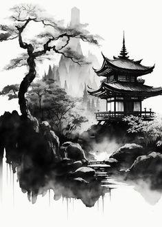 Japanese Temple Tattoo, Berg Tattoo, Scenery Tattoo, Animal Design Tattoo, Temple Tattoo, Japanese Art Samurai, Japanese Ink Painting, Japanese Mountains, Samurai Tattoo Design