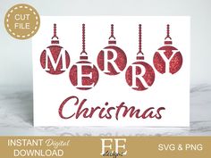 merry christmas card with red ornaments on white background