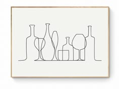 a line drawing of three bottles and two wine glasses on a white background with a wooden frame