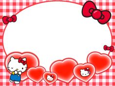 an image of hello kitty valentines day card with hearts and bow on checkered background