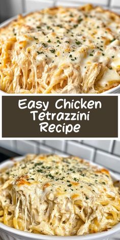 an easy chicken tetrazzini recipe in a casserole dish with cheese