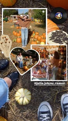 a collage of photos with pumpkins and people